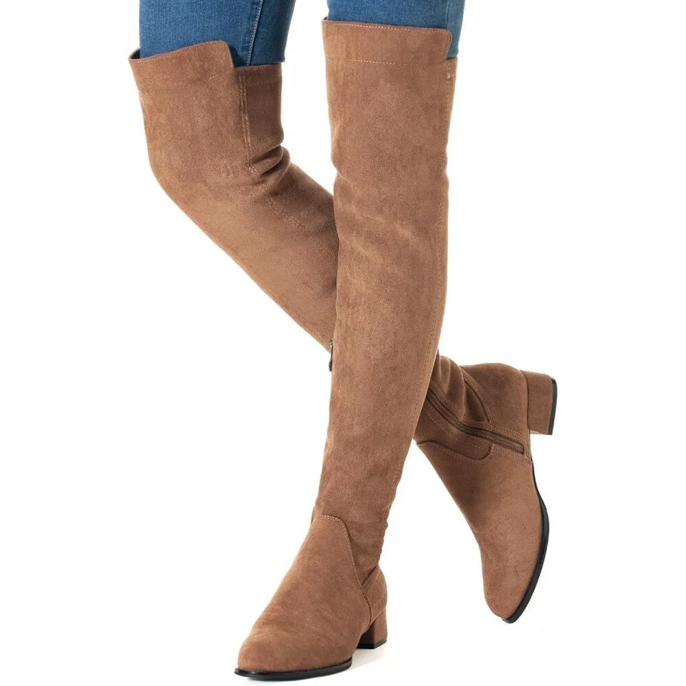Women Brown/Flat Suede Over the Knee Thigh High Chunky Block Heel Winter Boots